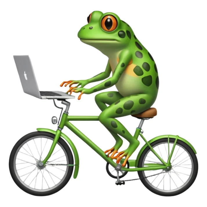 quirky frog balancing a laptop on a bike, working as it rides sticker