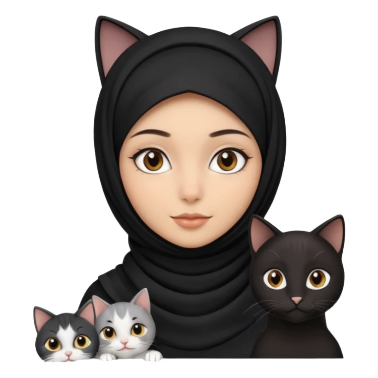 A girlhuman with brownblack eyes and black hijab. and three cats, two blackwhite and one grey cats animals  sticker