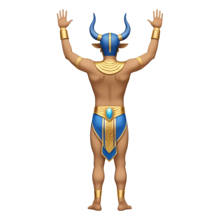 fullbody Egyptian human bull leaper, back view, in 'are you entertained' pose, without horns, with arms raised, with blue and gold accents sticker