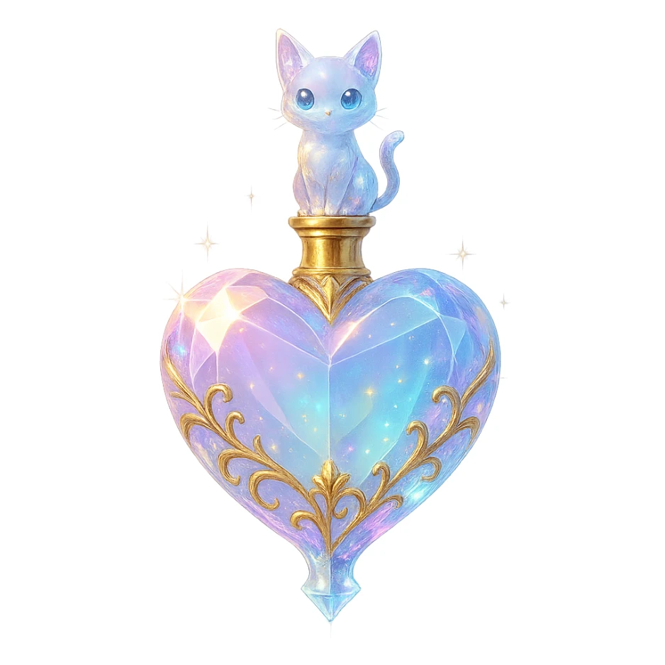 crystal, luxurious elixir bottle in heart shape, pastel gradient, lots of glow, edges, ornaments, golden details, magical effects, very small golden neck, transparent background, beautiful merging bottom, clearly floating in air, no base or shadow, very luxurious, matching collection, small cat on top sticker