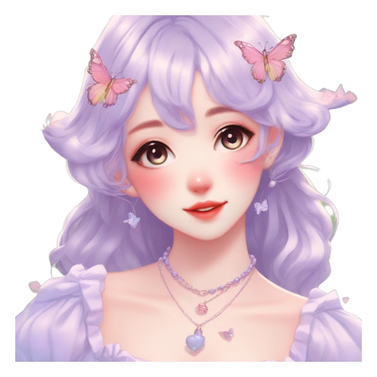 Gorgeous pastel anime style lady with blushing face and butterfly wings necklace cottagecore fairycore pastelcore colorful pearly romantic simplistic aesthetic trending style sticker