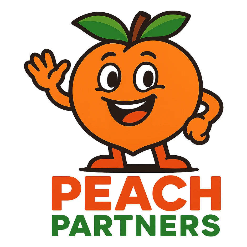 friendly peach mascot for 'Peach Partners' logo, vibrant colors, cheerful expression, peach with big smile and leaf hat sticker