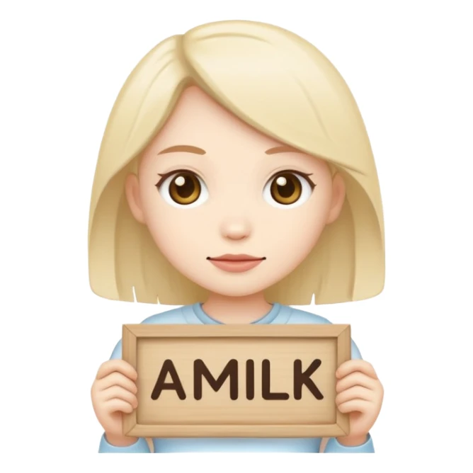 Chibi cult girl emoji, flat vector style, bold outline, holding a sign that says “AMILK” in clear capital letters, centered, simple background sticker