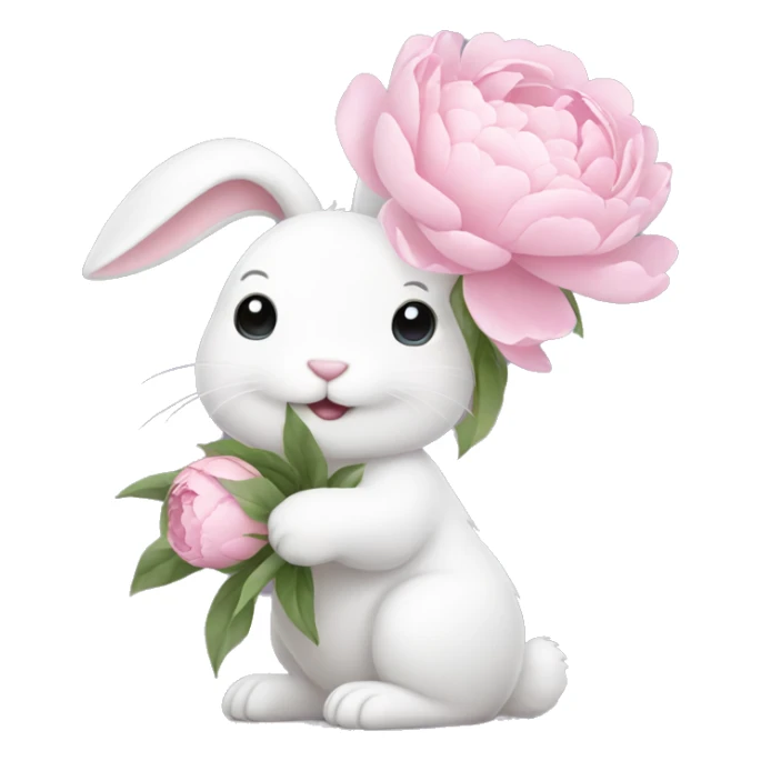 cute white bunny holding light pink peonies sticker