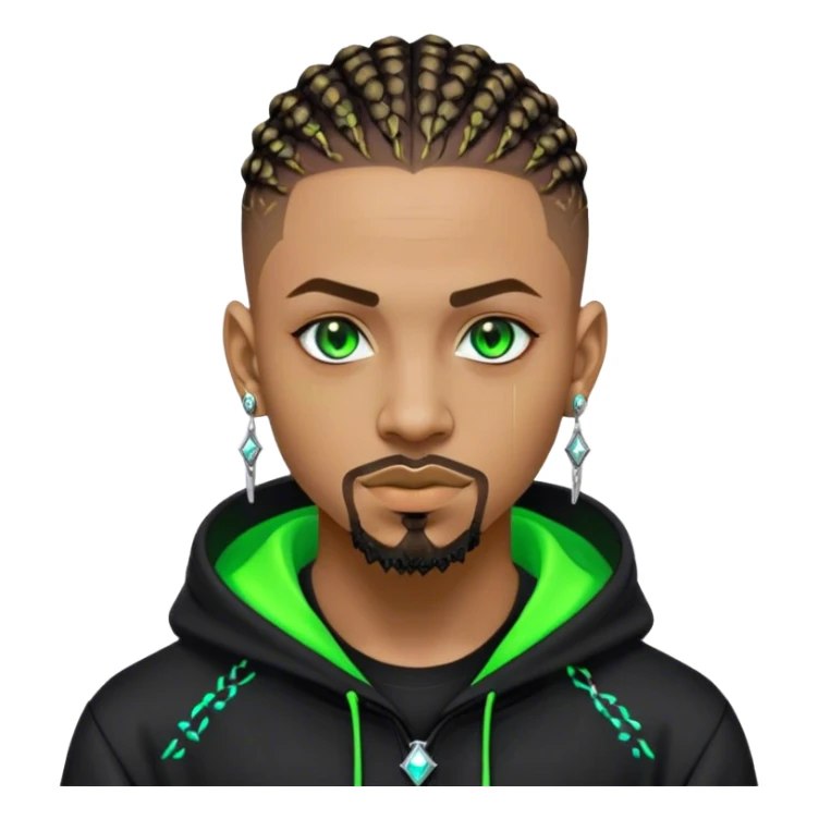 Light skinned African American male with green eyes as a cyberpunk hacker with cornrows hairstyle but short cornrows  with goatee facial hair with small diamond stud earrings wearing a hacker hoodie sticker
