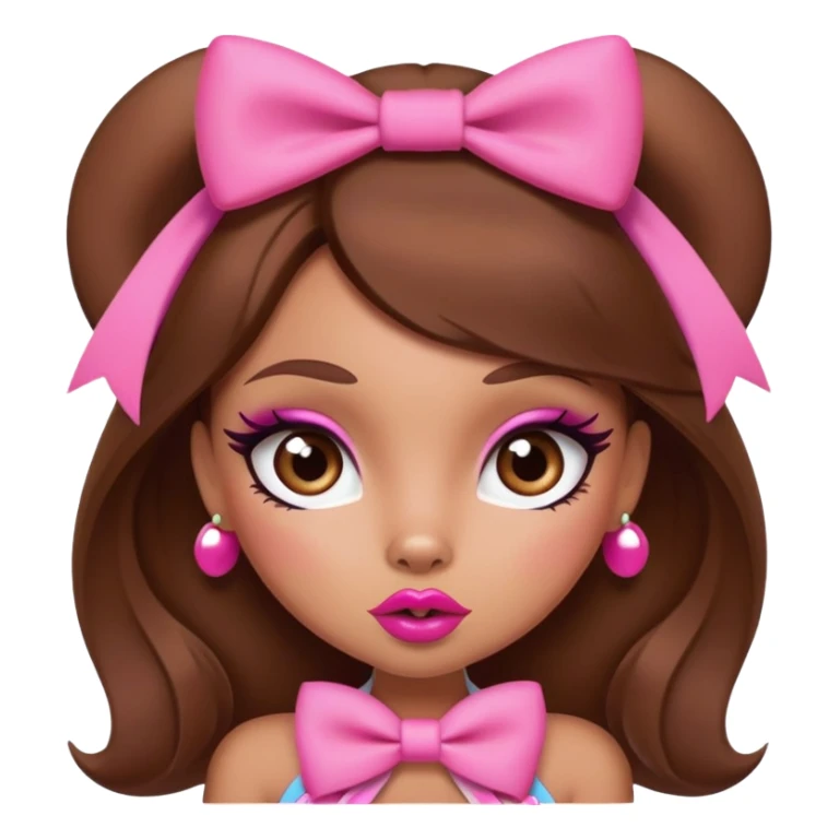 Bratz-inspired character with brown hair, pink bow, exaggerated big lips, and foxy eyes sticker