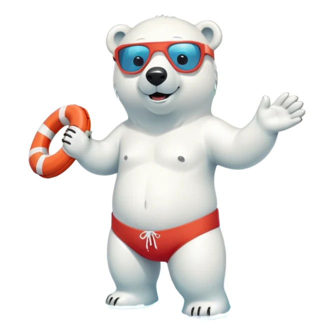 full body friendly anthropomorphised polar bear smiling, wearing colorful swim shorts and swim goggles, standing in a small pool of water, holding a red and white life buoy sticker