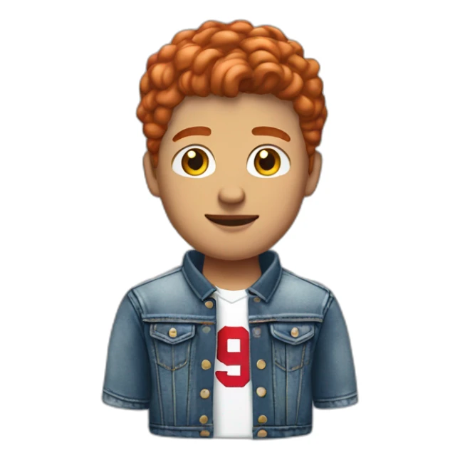 a young man in a jeans jacket and bills jersey with short red hair sticker