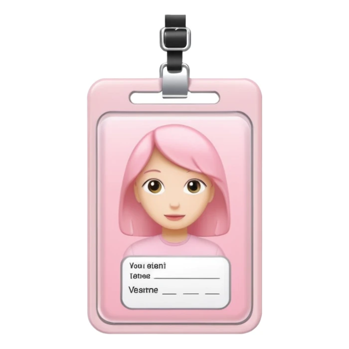 pastel pink ID badge with a photo placeholder sticker