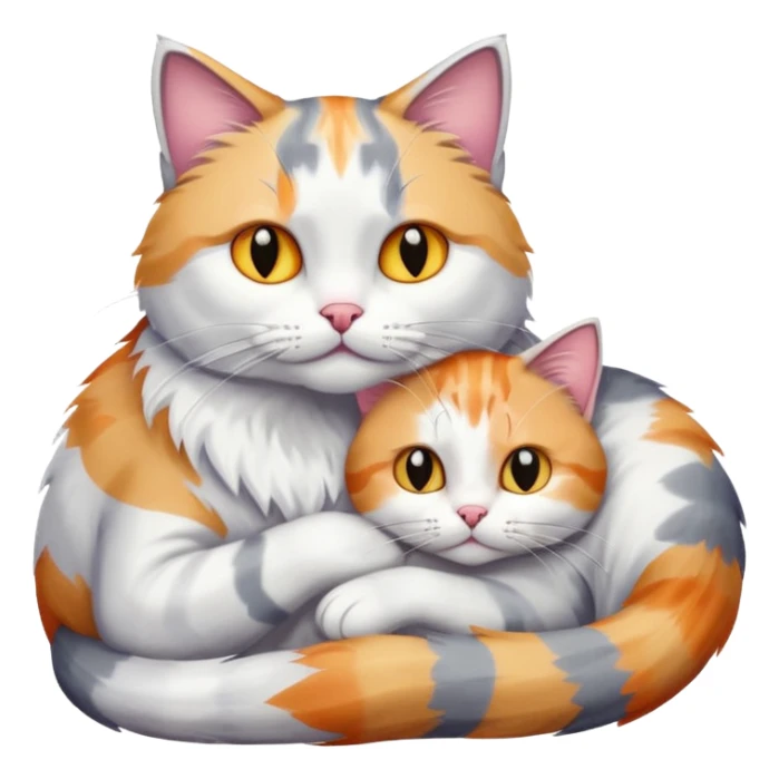 big grey and white cat cuddling a colourful light patched calico + white tabby cat sticker
