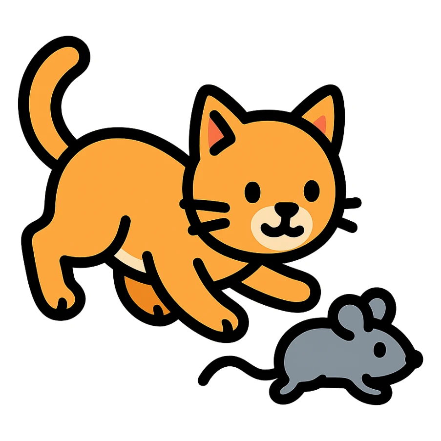 cat chasing a mouse icon with color and black outlines sticker