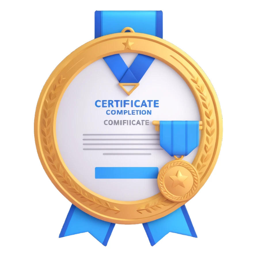 certificate of completion with a blue medal sticker, elegant border, iPhone style 3D emoji sticker