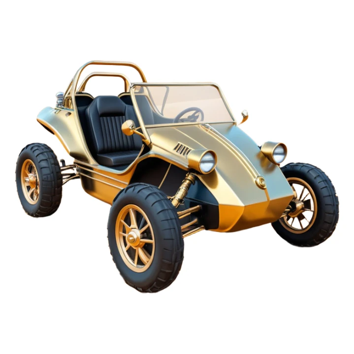 American southWest tarnished neon underglow C-3PO bounty hunter 1964 delicately ornate rosegold wood accents painted dune buggy buckboard powered by electric motors and batteries with racing safety and belts flying rapidly roughening terrain stable on strong agile advanced suspension and steering sticker