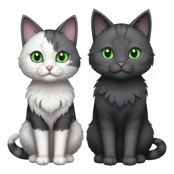 one dark grey and white cat and one completely solid dark grey cat with green eyes and only white paws sticker