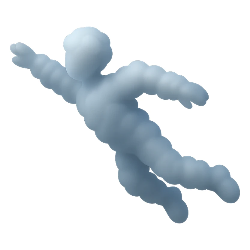 person in flight composed of small white fluffy clouds, matte glass style, no background, minimalist sticker