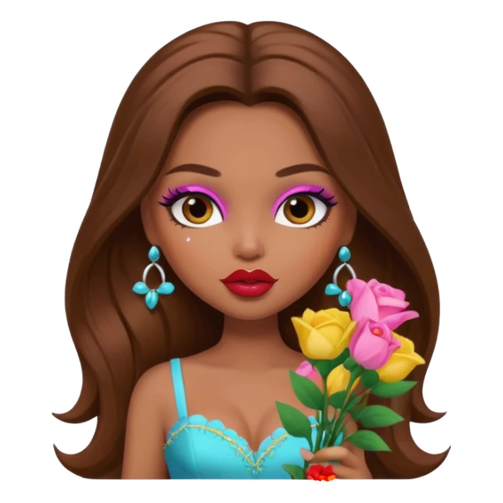 pretty bratz baddie, long brown hair holding flowers sticker