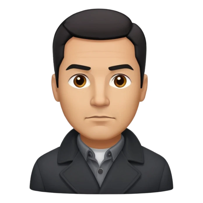 Strong built middle-aged Hispanic man with tan complexion, short black straight hair combed back with faded sides, square masculine face with defined jawline, wearing black coat and gray button-up shirt tucked in sticker