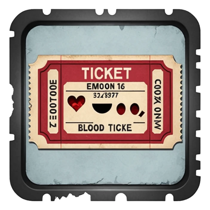 Minimalist emoji-style sticker of an old torn cinema ticket, with faded text “EMMO”, blood-stained edges and burn holes, grayscale paper

 sticker