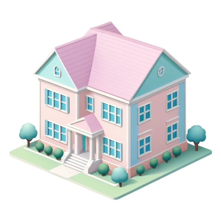 College sorority house, isometric dollhouse-style, realistic sticker