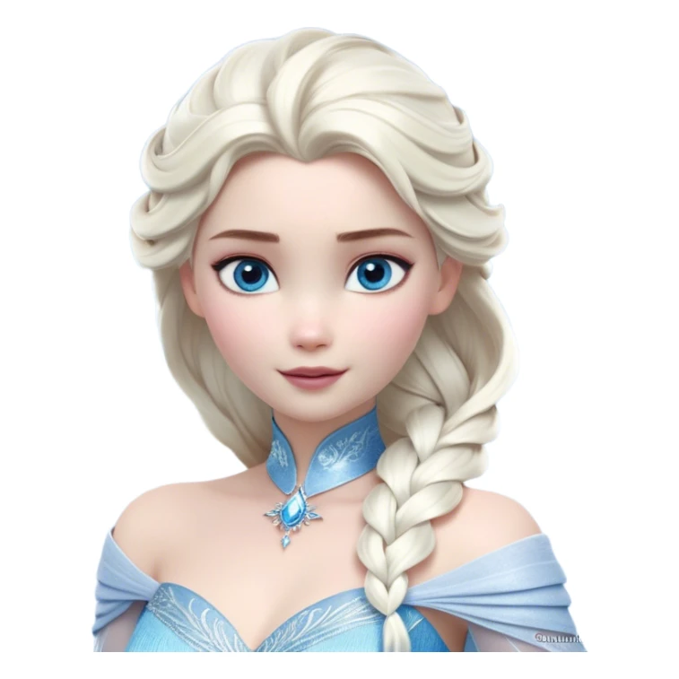Cinematic Realistic Elsa Portrait, depicted with lifelike skin texture, soft natural lighting, and intricately detailed platinum blonde hair styled elegantly. Her striking, expressive blue eyes exude confidence and grace, complemented by a serene and regal expression. She is dressed in her signature icy attire, with shimmering fabric textures and delicate folds that catch the light beautifully. The portrait features a soft, enchanting glow with a cool, radiant finish, capturing the essence of timeless elegance in a realistic and painterly style, evoking a sense of depth and authenticity. sticker