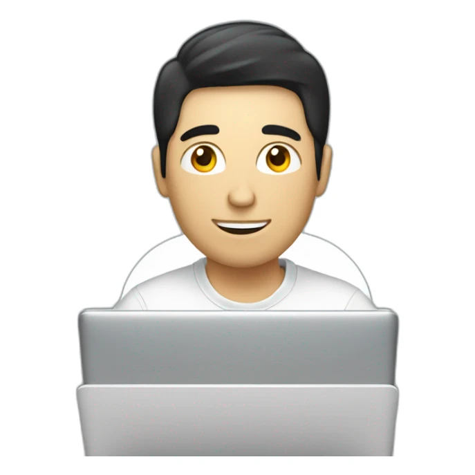 A white man with black hair working on a laptop with a lightbulb above his head sticker