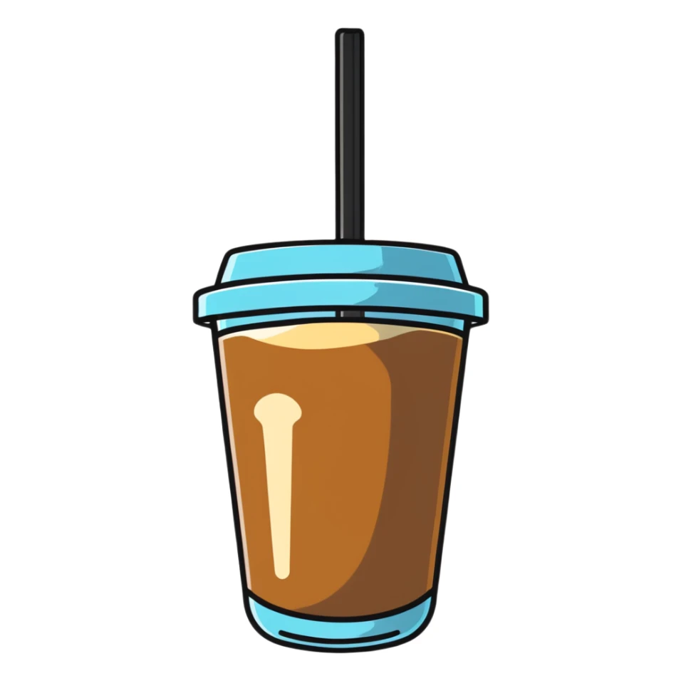 a glass of iced coffee with a metal straw sticker