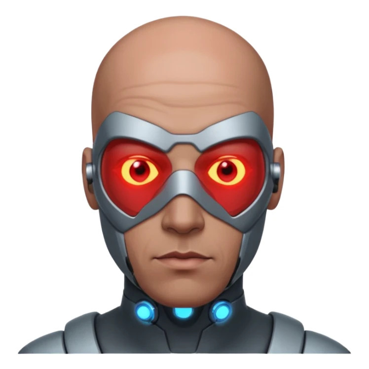 bald dark brown man, half of his face covered in cyborg upgrades such as red laser sticker