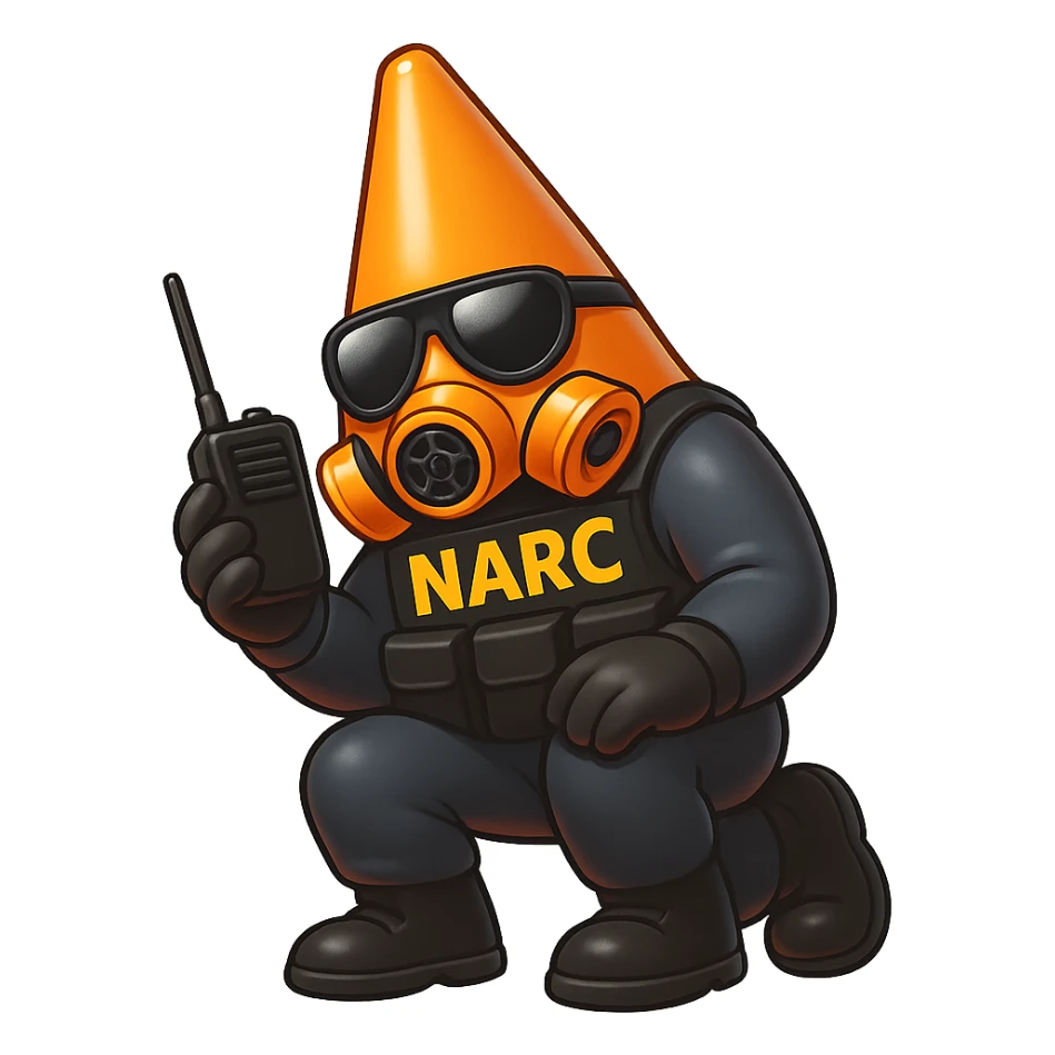 Create emoji-style variation of a pylon cone head character with a tactical vest, holding a radio, in a crouched pose. Transparent background. sticker