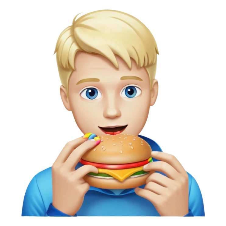 Blonde man with white skin and blue eyes eating a McDonald's hamburger, rainbow LGBT colors sticker