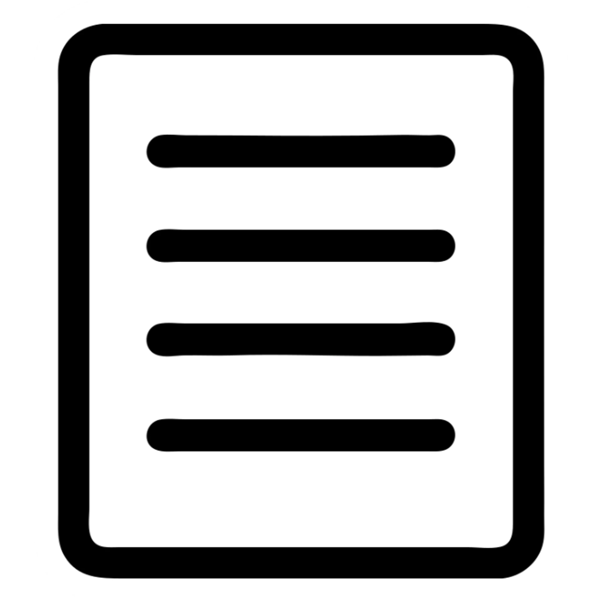 minimalistic bold black-and-white icon of a bold rectangle with four short horizontal lines as a list, clean geometric lines, square, flat, no gradients, inspired by Netflix UI, vector style, suitable for dark and light mode sticker