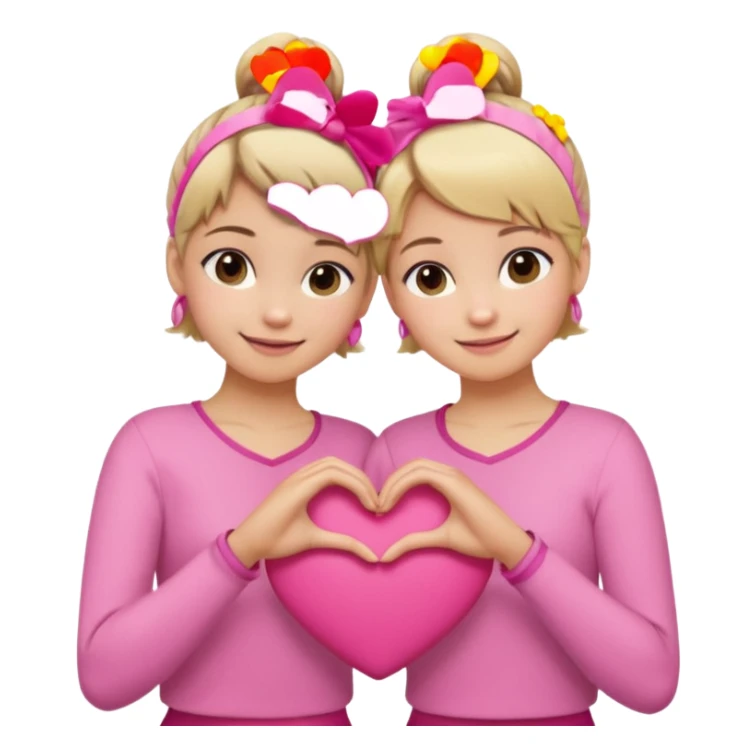 Two best friends making a heart shape with their hands together. One of them has blond hair which is shorter and the other has brown hair tied up. They are both wearing pink outfits. sticker