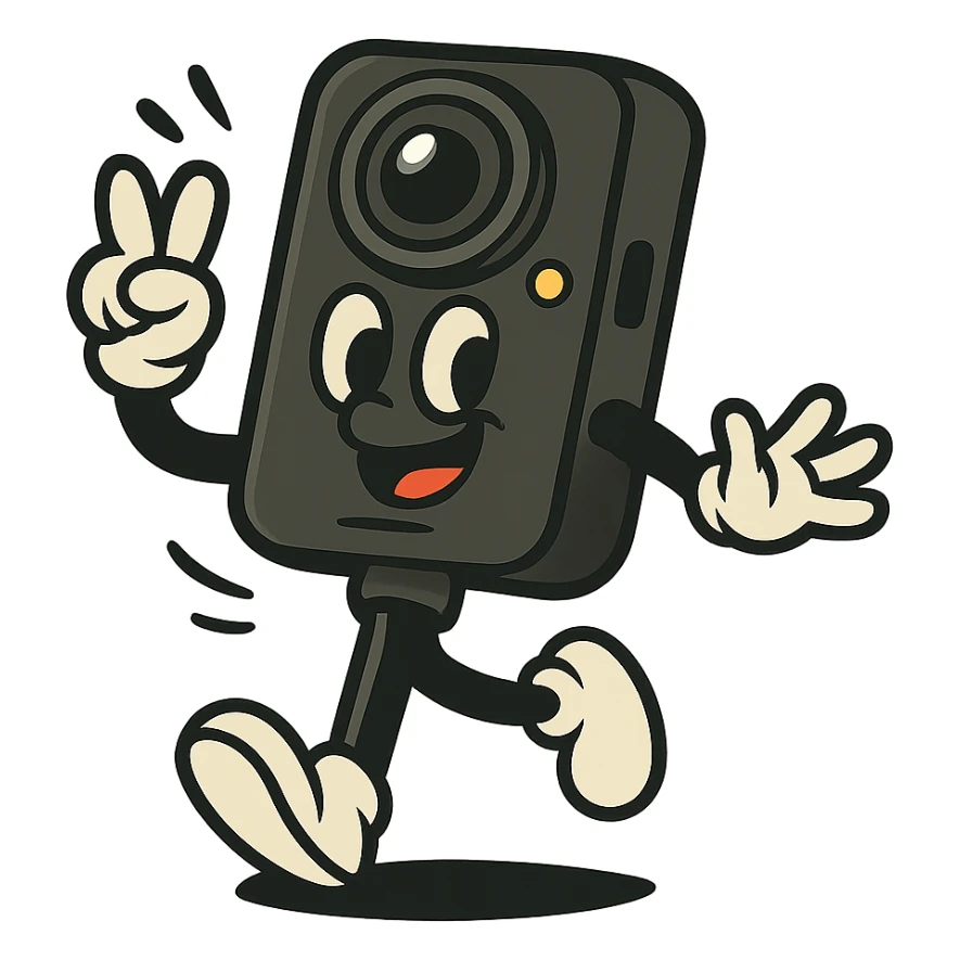 Remove the background, keep the playful cartoon Insta360 camera on a stick character with transparent background, maintaining a fun and cartoonish style. sticker