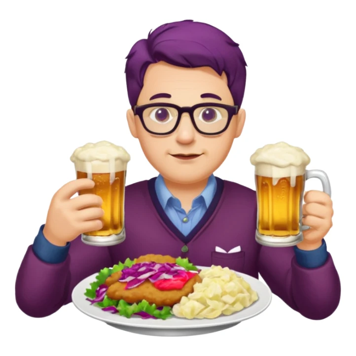 Man with glasses german eating schnitzel, red cabbage, sauerkraut, potato salad, and beer sticker