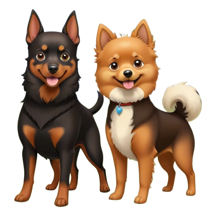 Doberman Pinscher and Pomeranian Spitz standing side by side. The Doberman has a sleek black and tan coat with alert ears, while the Pomeranian has a fluffy orange coat and a joyful expression. Beautiful natural background, with a clear blue sky and green grass. Transparent background. sticker