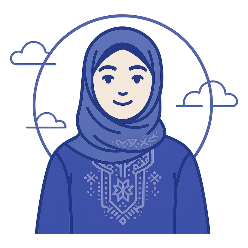 modern digital avatar of an Algerian woman, friendly expression, clean minimalist cartoonish style, subtle Algerian elements or traditional patterns integrated in a tech-inspired way, inside a circular frame with a smooth glowing effect, suitable for profile assignment, square format sticker