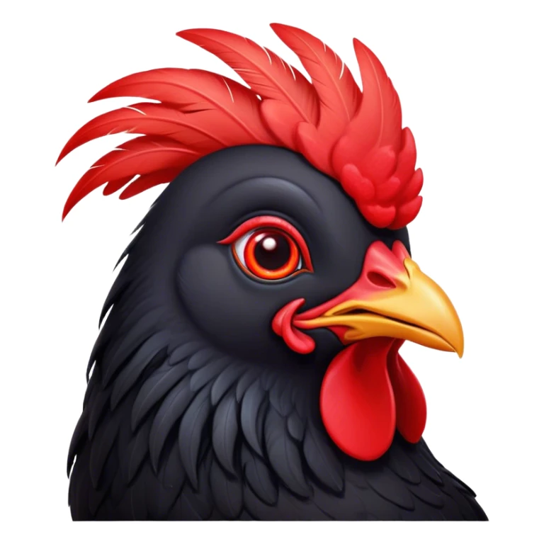 Cinematic Cute Black Chicken Portrait Emoji, Head tilted playfully and inquisitively, featuring sleek, lustrous black feathers and a vibrant red comb, round, sparkling beady eyes filled with curiosity, Simplified yet irresistibly adorable features, highly detailed, glowing with a warm, friendly glow, high shine, affectionate and lively, stylized with a touch of whimsical charm, bright and endearing, soft glowing outline, capturing the essence of a mischievous yet loving chicken, so playful it feels like it could peck out of the screen and into your arms! sticker
