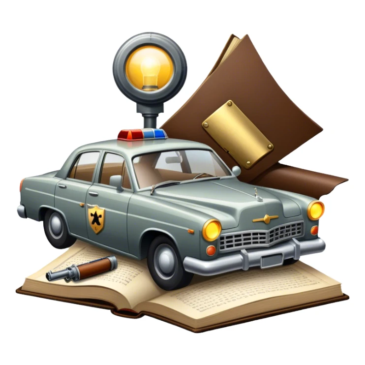 Icon for Action & Crime Reading: an open book with dramatic crime scenes—bullet holes on pages, a detective badge, a revolver and a getaway car. Surrounding elements include a flickering streetlight. Transparent background. sticker