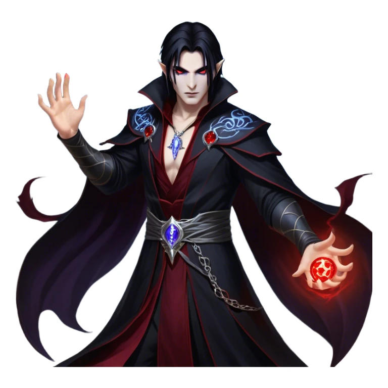 Cinematic Realistic WoW Vampire Mage Portrait, captured in a dynamic, battle-ready pose as he unleashes a torrent of arcane energy. His pallid skin and sleek dark hair contrast sharply with the flowing black robe adorned in silver filigree and glowing runes, while his crimson eyes radiate unyielding power. Rendered with intense, lifelike texture and dynamic, eerie lighting, high shine, embodying the fierce, relentless spirit of a dark sorcerer. sticker