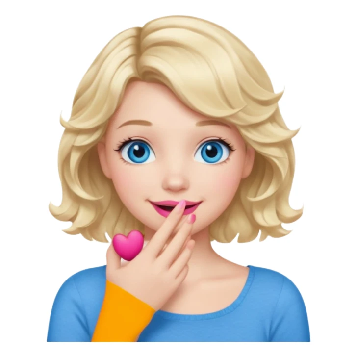 Girl Blonde short wavy hair,  blue eyes, cute blue top, long lashes, pink lips, smiling, hand covering the mouth sticker