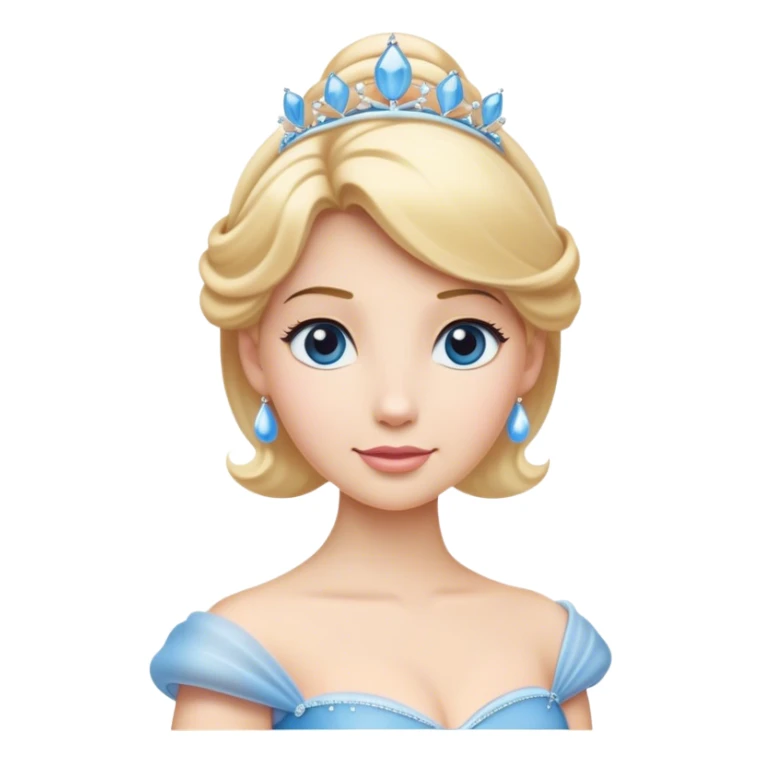 Cinematic Elegant Cinderella Portrait Emoji, rendered in a flat, vector-style with minimal shading and bold, simplified shapes. Depict Cinderella in her classic ball gown (chest and above) with fair, porcelain skin and elegantly styled blonde hair, her eyes soft and kind, and her expression serene and graceful. The design glows with a gentle, enchanting radiance and high shine, capturing the timeless beauty of a fairy tale princess. sticker