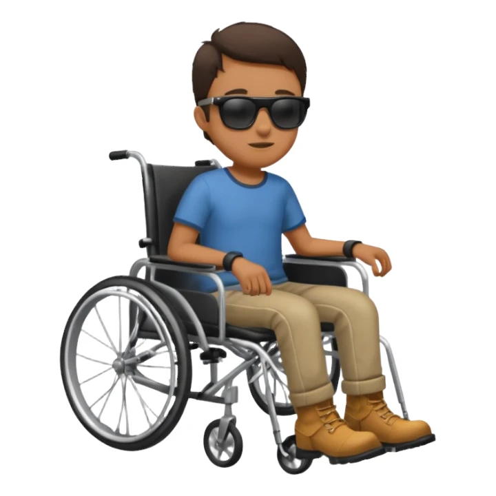 Blind dude in wheelchair with sunglasses and a leg boot on sticker