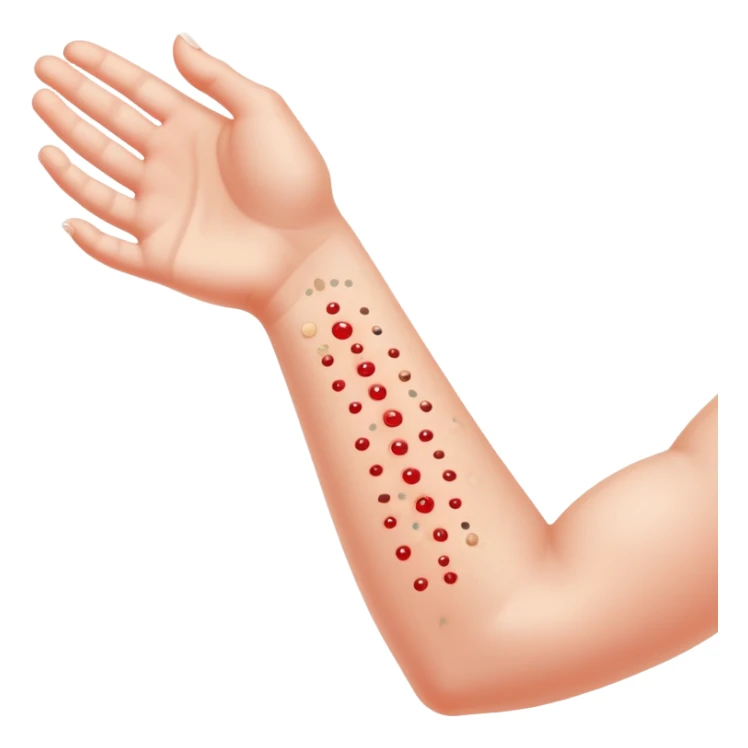 Allergy skin prick test on forearm with small red bumps showing reactions to different allergens sticker