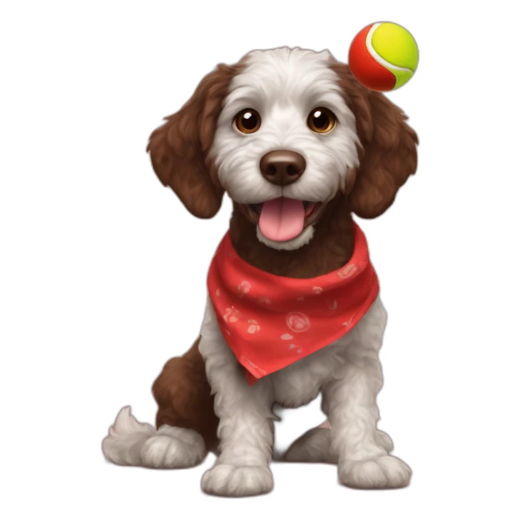 A chocolate colored doodle dog wearing a red and black handkerchief juggling three tennis balls sticker