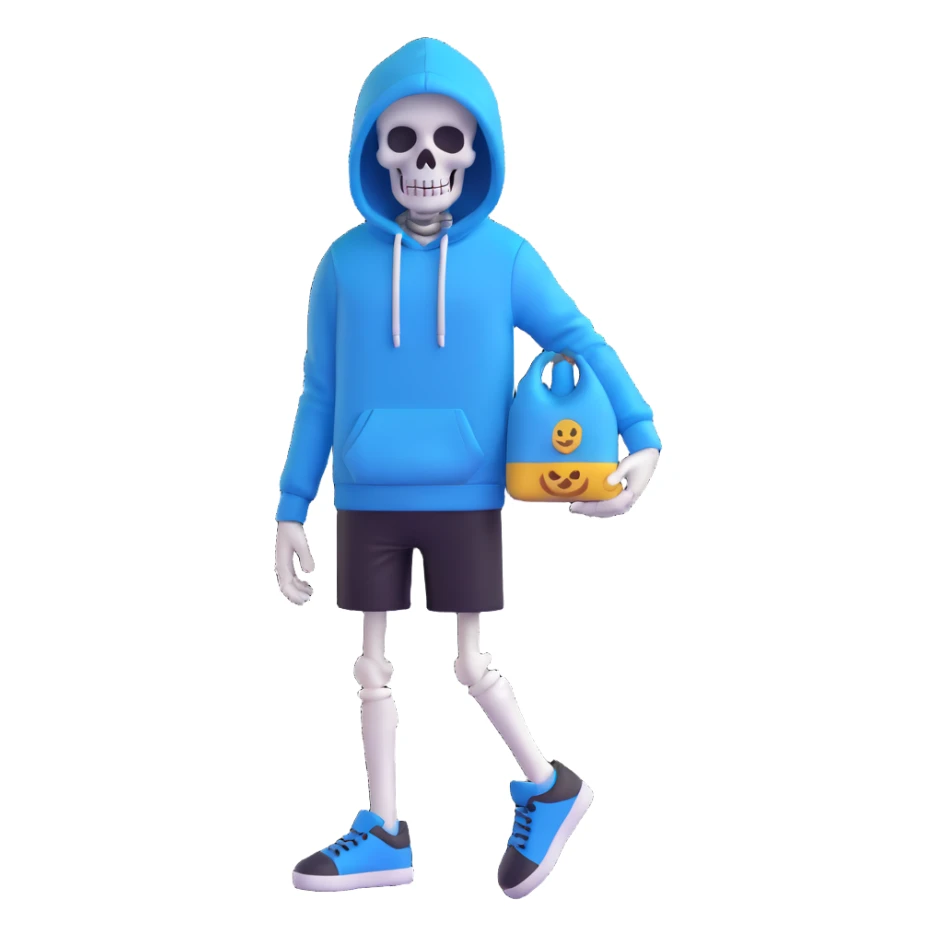 Sans from Undertale, 3D emoji style, blue hoodie, black shorts, white skeleton, simple background sticker