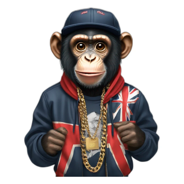 Chimpanzee with a London rappers outfit sticker