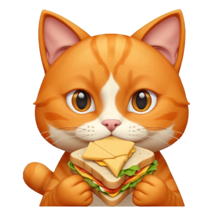 cute orange cat portrait, head and shoulders only, biting a sandwich, funny expression, 3D cartoon, mobile game icon style, clean background, no text, no watermark sticker