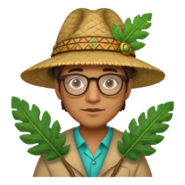an scientist man wearing a large leaf tribal hat sticker