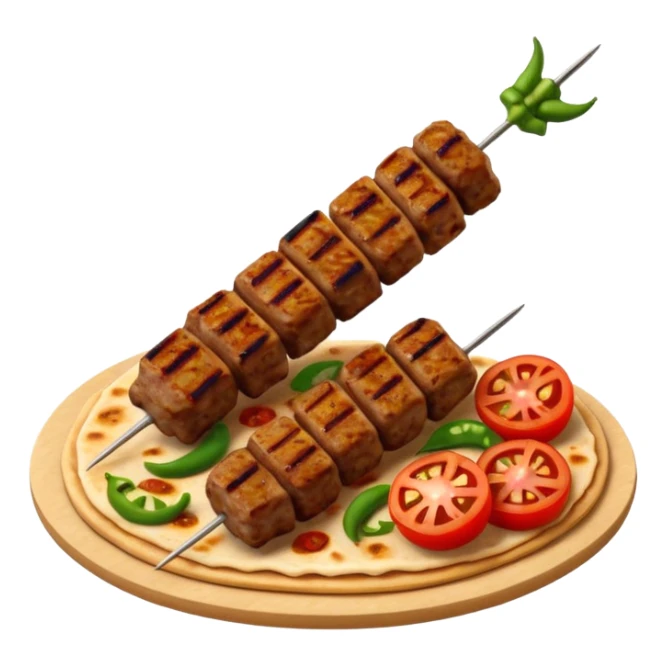 Adana kebab object icon, spicy grilled minced meat skewer, served on flatbread, grilled tomatoes and green peppers on the side, smoky char marks, juicy texture, 3D cartoon, mobile game icon style, centered, clean background, no text, no watermark
 sticker
