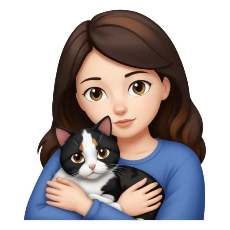 Brunette woman snuggling black brown and white calico cat sticker