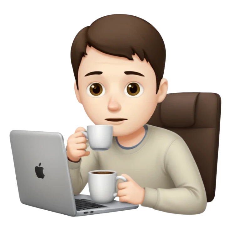tired programmer with dark circles under his eyes drinks coffee with a laptop sticker